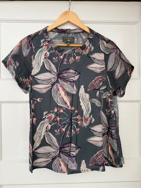 Cotelac Silk Floral & Bird Short-Sleeve Blouse